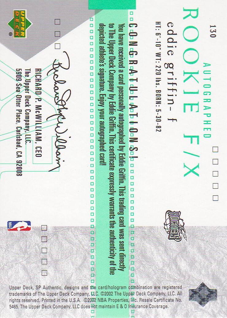 2001-02 SP Authentic #130 Eddie Griffin AU RC back image