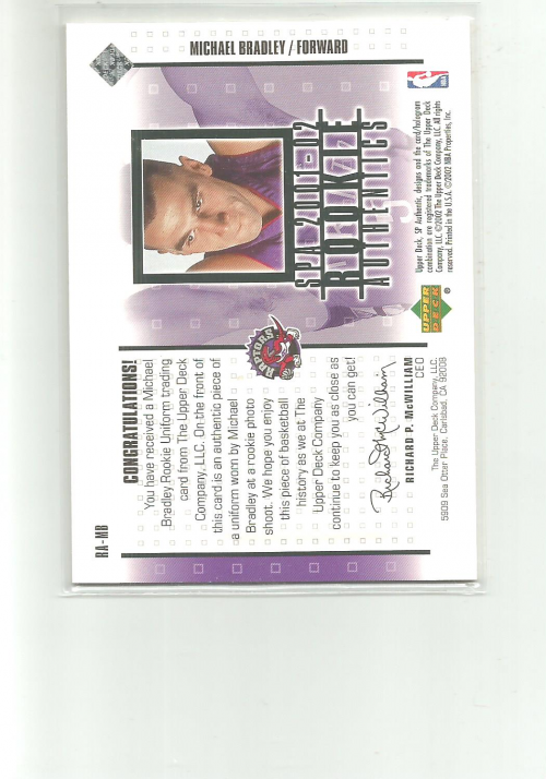 2001-02 SP Authentic Rookie Authentics #RAMB Michael Bradley back image