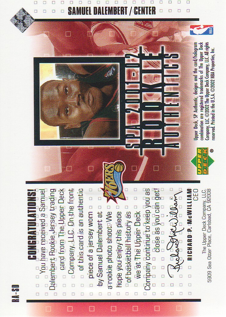 2001-02 SP Authentic Rookie Authentics #RASD Samuel Dalembert back image