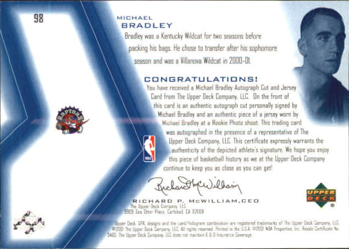 2001-02 SPx #98A Michael Bradley JSY AU RC back image