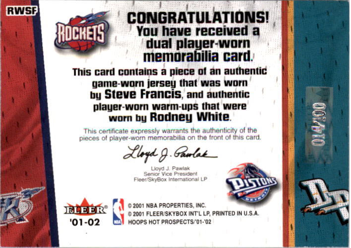 2001-02 Hoops Hot Prospects Hot Tandems #8 Rodney White/Steve Francis back image