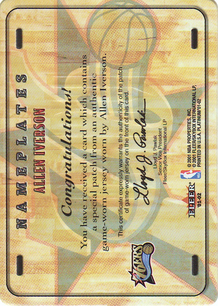 2001-02 Fleer Platinum Nameplates #3 Allen Iverson/150 back image