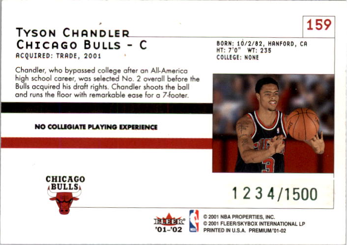 2001-02 Fleer Premium #159 Tyson Chandler RC back image