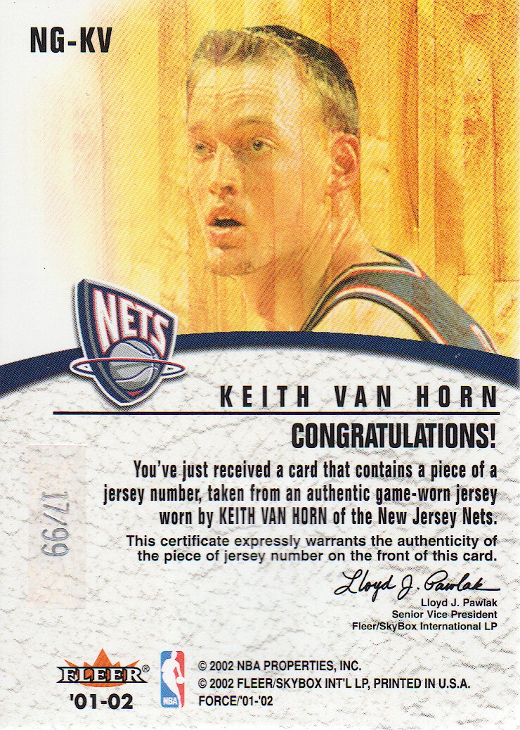 2001-02 Fleer Force Inside the Game Jerseys Numbers #2 Keith Van Horn back image
