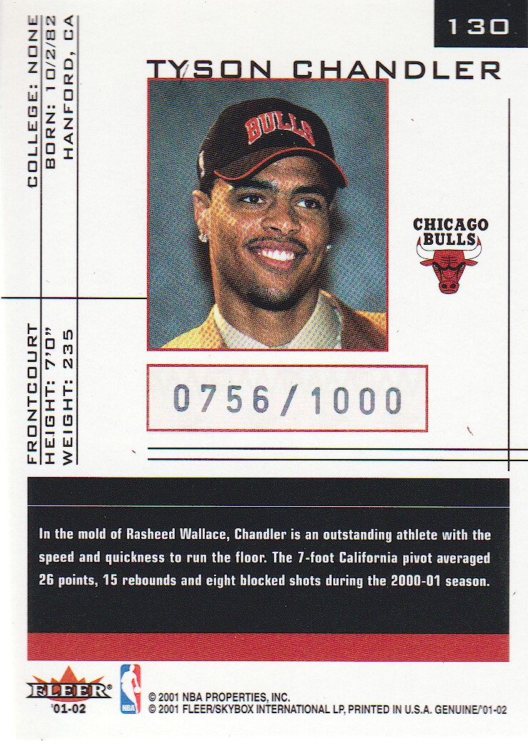 2001-02 Fleer Genuine #130 Tyson Chandler RC back image