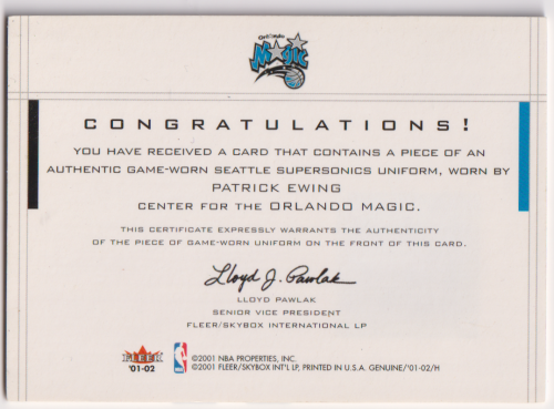 2001-02 Fleer Genuine Coverage Plus #7 Patrick Ewing back image