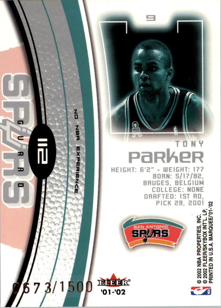 2001-02 Fleer Marquee #112 Tony Parker RC back image