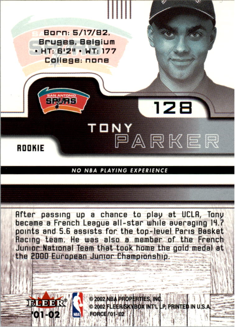 2001-02 Fleer Force #128 Tony Parker RC back image