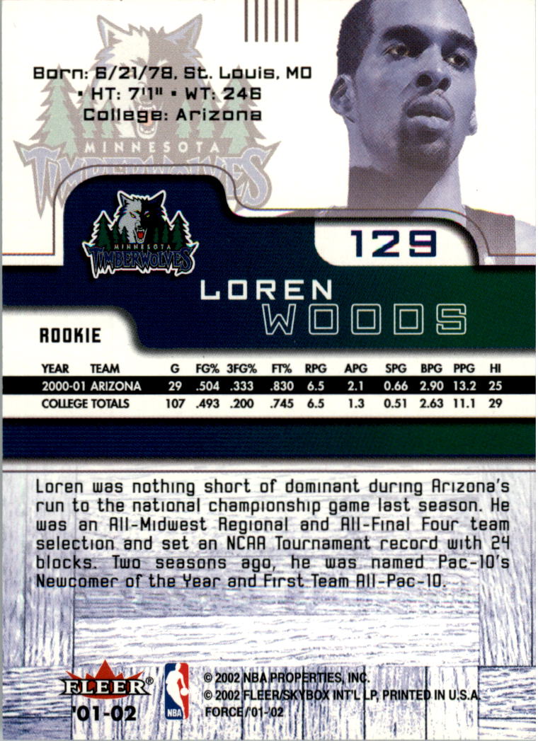 2001-02 Fleer Force #129 Loren Woods RC back image