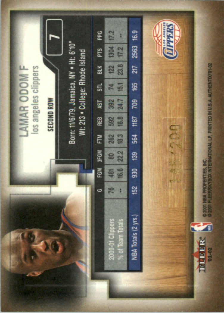 2001-02 Fleer Authentix Second Row Parallel #7 Lamar Odom back image