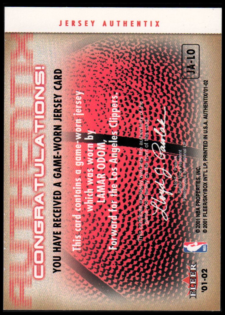 2001-02 Fleer Authentix Jersey Authentix Unripped #12 Lamar Odom back image