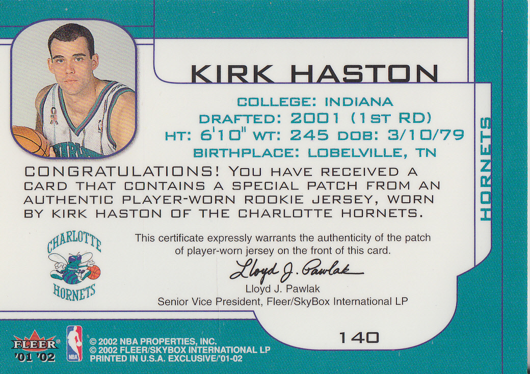 2001-02 Fleer Exclusive #140 Kirk Haston/500 RC back image
