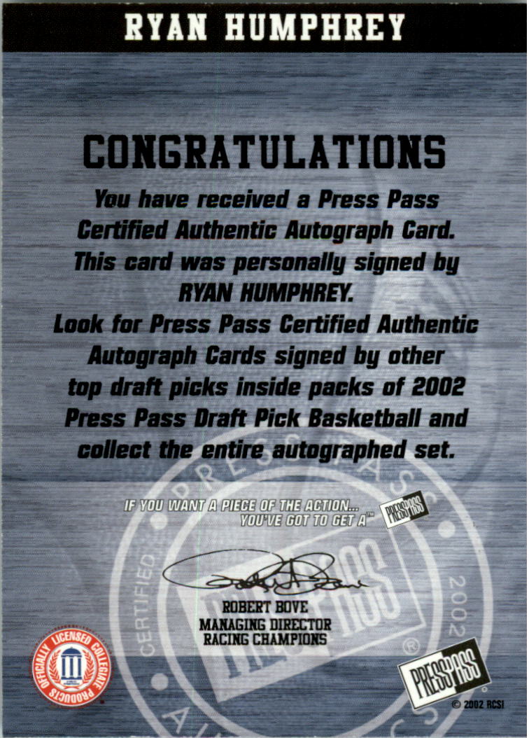 2002 Press Pass Autographs #15 Ryan Humphrey back image