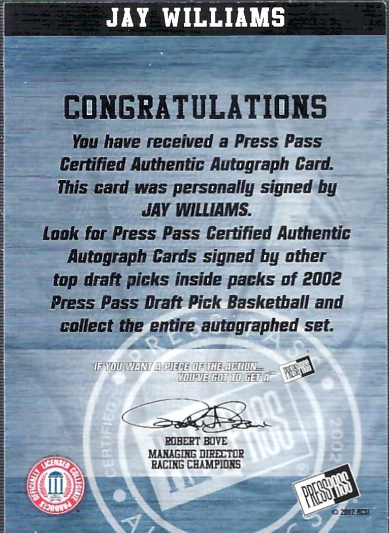 2002 Press Pass Autographs #NNO Jay Williams SPEC/2002 National Convention back image
