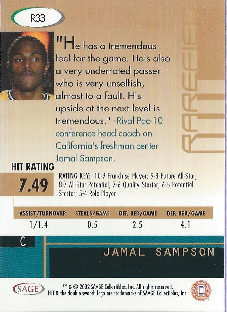 2002 SAGE HIT Rarefied Silver #R33 Jamal Sampson back image