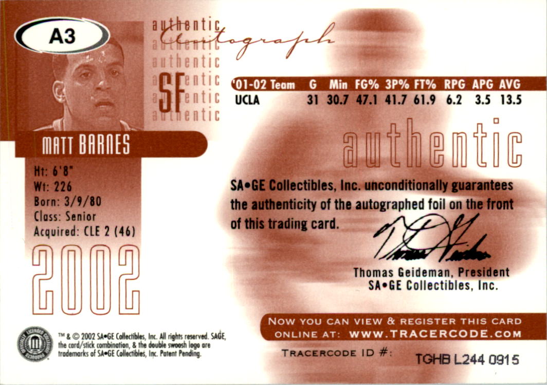 2002 SAGE Autographs Bronze #A3 Matt Barnes/450 back image