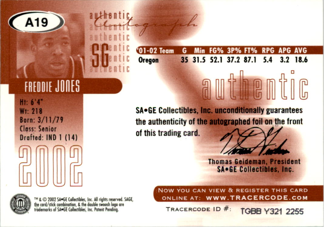 2002 SAGE Autographs Bronze #A19 Fred Jones/370 back image
