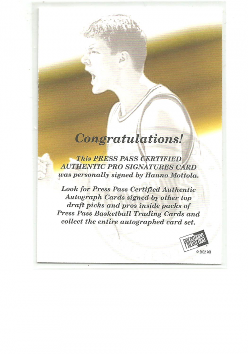 2002 Press Pass Pro Autographs #8 Hanno Mottola back image