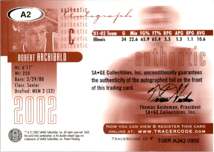 2002 SAGE Autographs Red #A2 Robert Archibald/550 back image