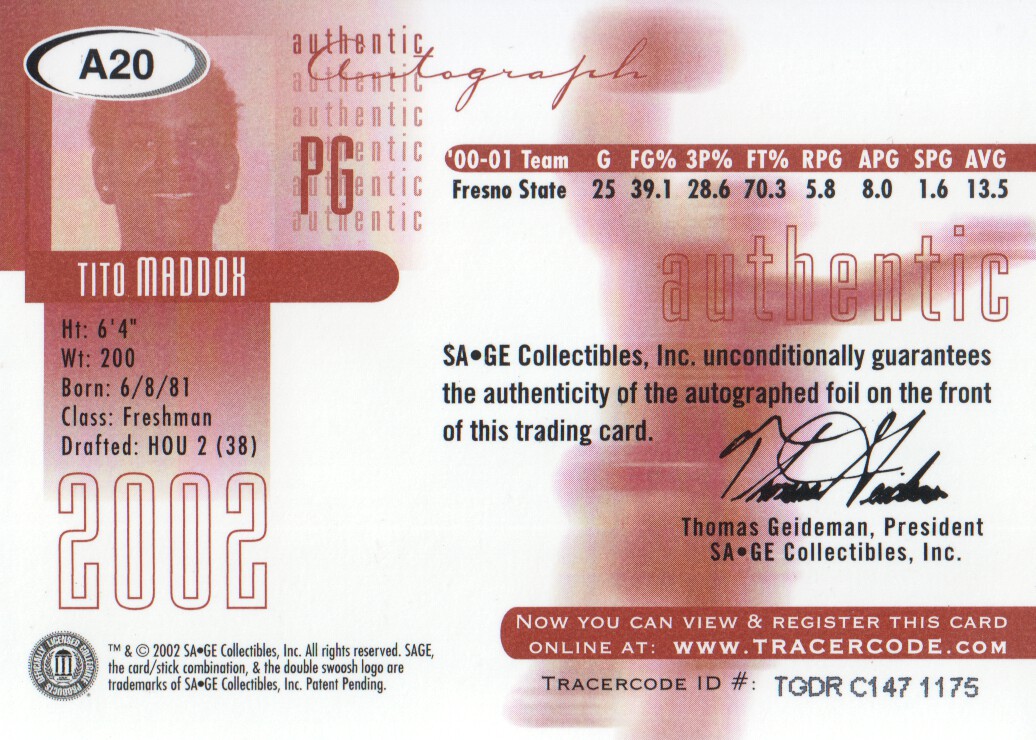 2002 SAGE Autographs Red #A20 Tito Maddox/550 back image