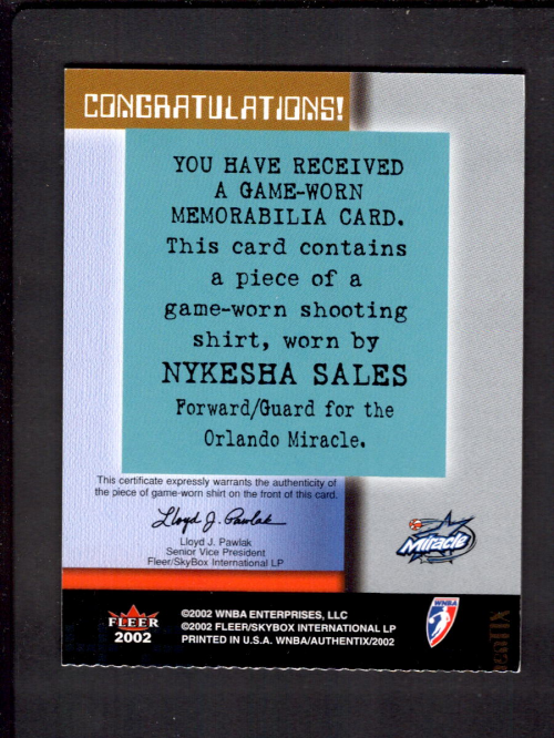 2002 Fleer Authentix WNBA Memorabilia Authentix Ripped #5 Nykesha Sales back image
