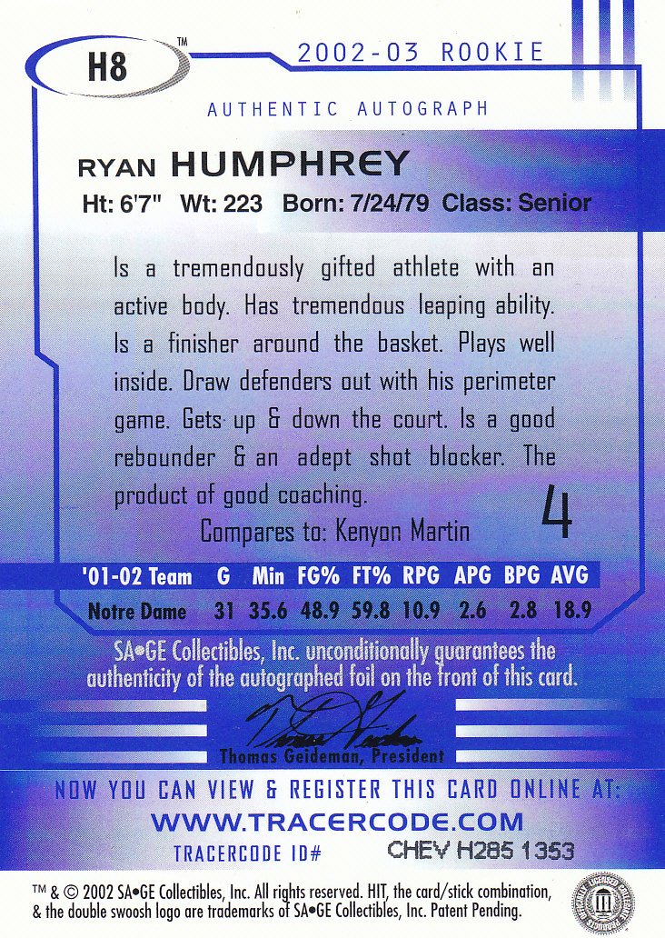 2002 SAGE HIT Autographs Emerald #H8 Ryan Humphrey back image