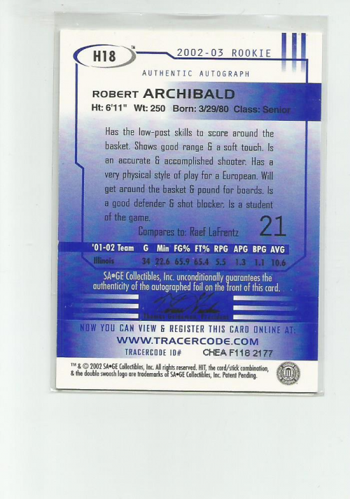 2002 SAGE HIT Autographs Emerald #H18 Robert Archibald back image