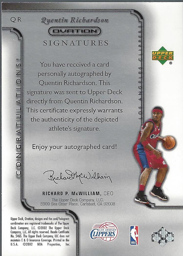 2002-03 Upper Deck Ovation Signatures #QR Quentin Richardson back image
