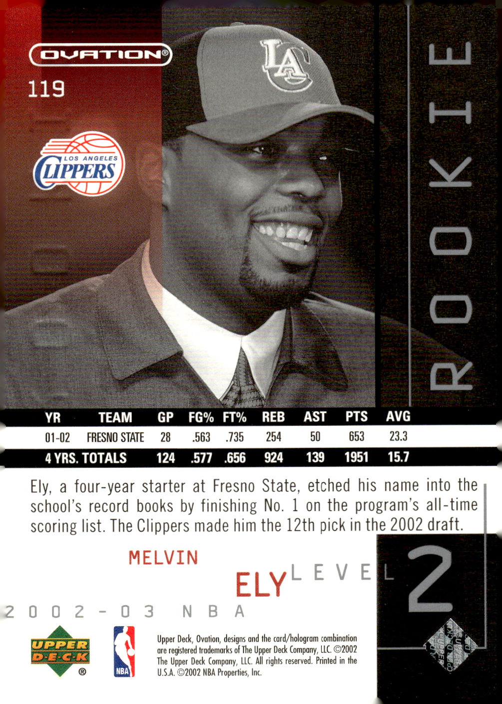 2002-03 Upper Deck Ovation #119 Melvin Ely RC back image