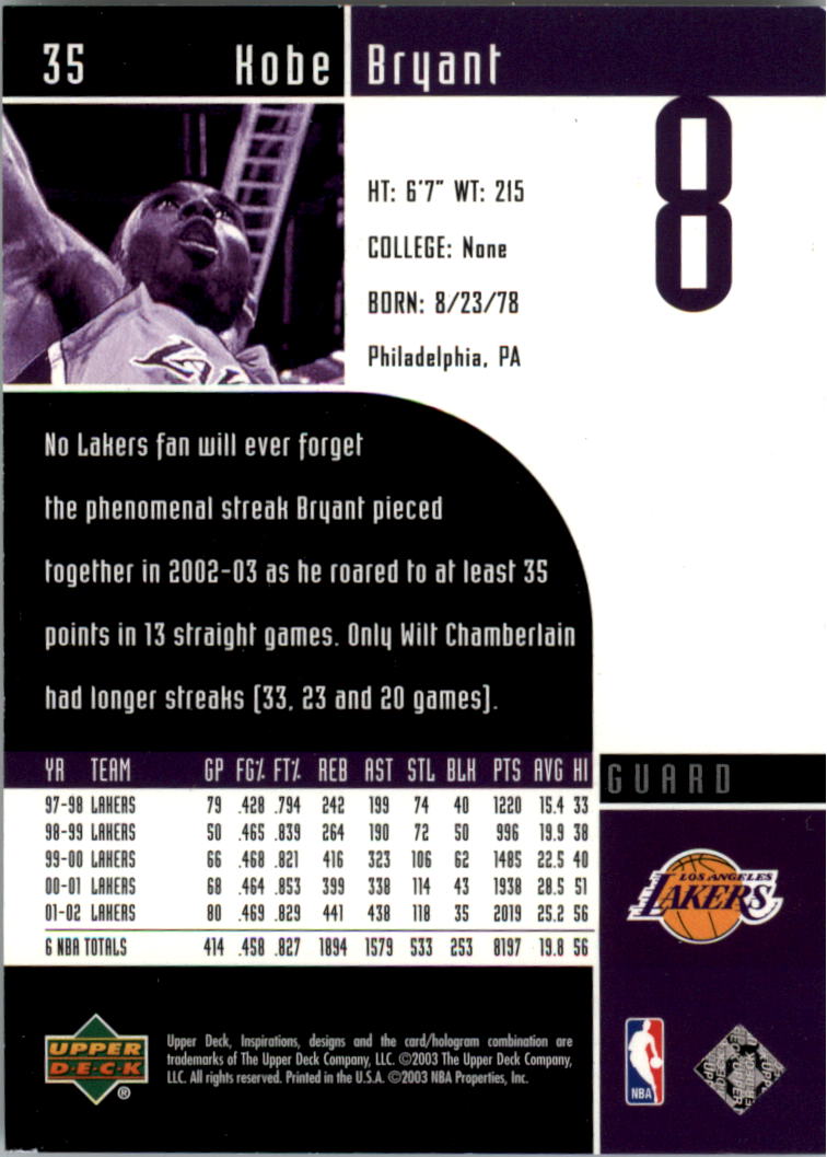 2002-03 Upper Deck Inspirations #35 Kobe Bryant back image