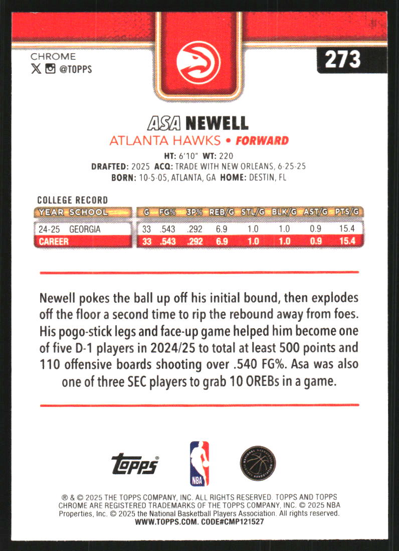2025-26 Topps Chrome Image Variations #273 Asa Newell