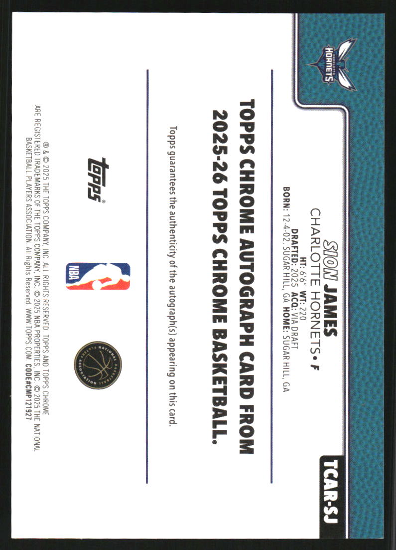 2025-26 Topps Chrome Rookie Autographs #TCARSJ Sion James Auto