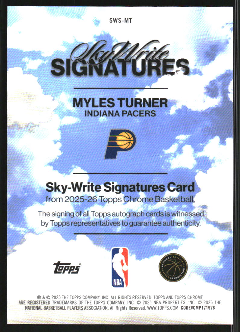 2025-26 Topps Chrome Sky Write Autographs #SWSMT Myles Turner Auto