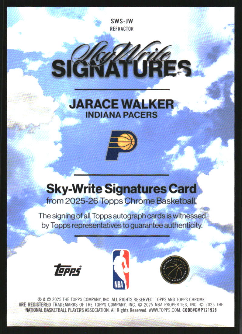 2025-26 Topps Chrome Sky Write Autographs Refractors #SWSJW Jarace Walker Auto