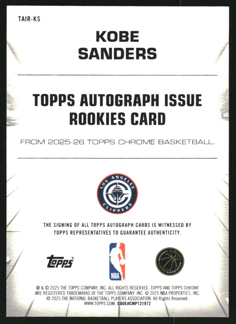 2025-26 Topps Chrome Autograph Issue Rookies #TAIRKS Kobe Sanders Auto