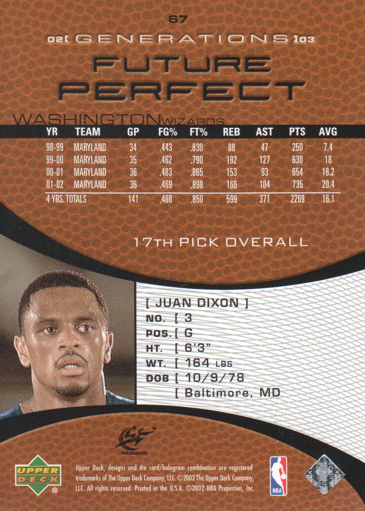 2002-03 Upper Deck Generations #67 Juan Dixon RC back image