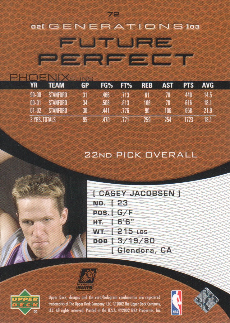 2002-03 Upper Deck Generations #72 Casey Jacobsen RC back image