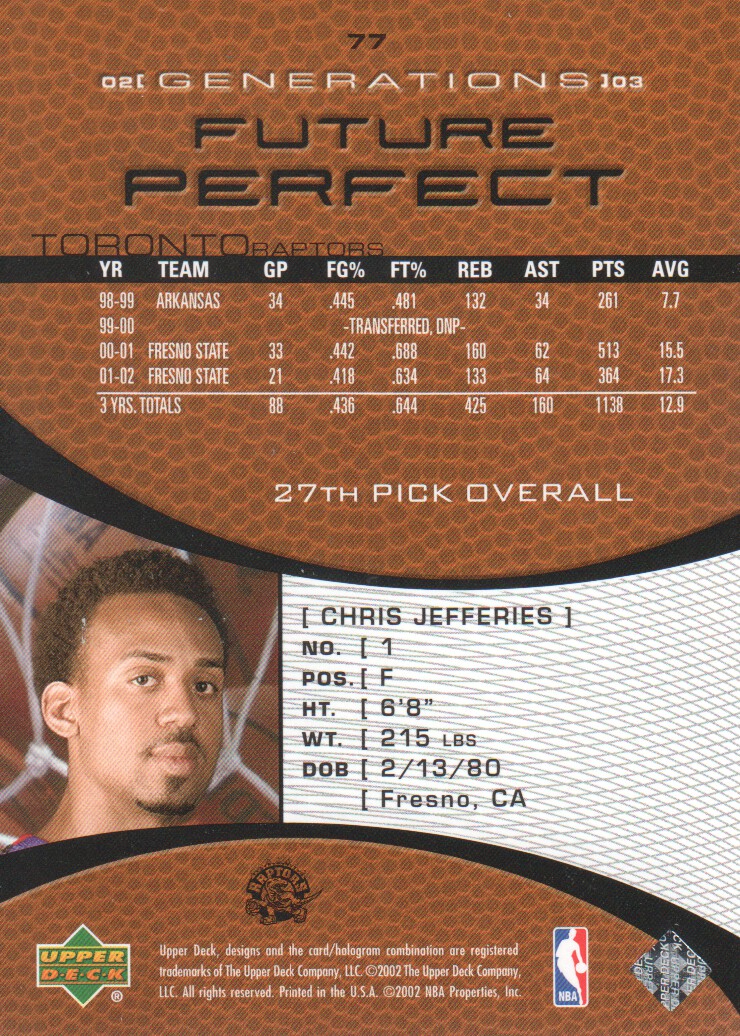 2002-03 Upper Deck Generations #77 Chris Jefferies RC back image