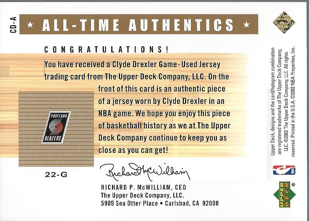 2002-03 Upper Deck Generations All-Time Authentics #CDA Clyde Drexler back image