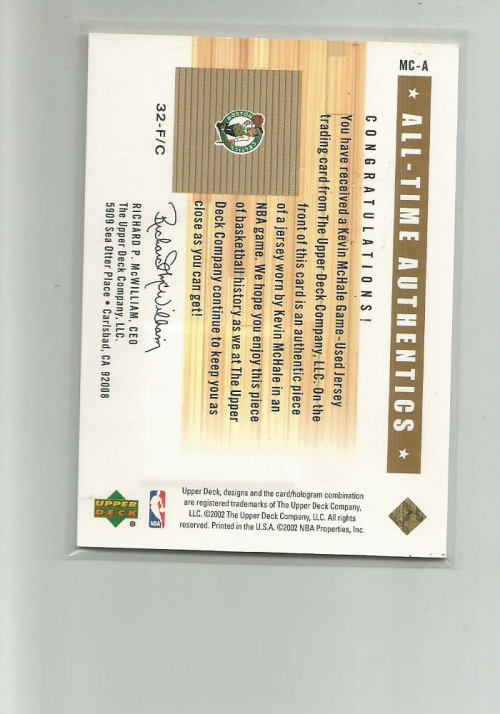 2002-03 Upper Deck Generations All-Time Authentics #MCA Kevin McHale back image