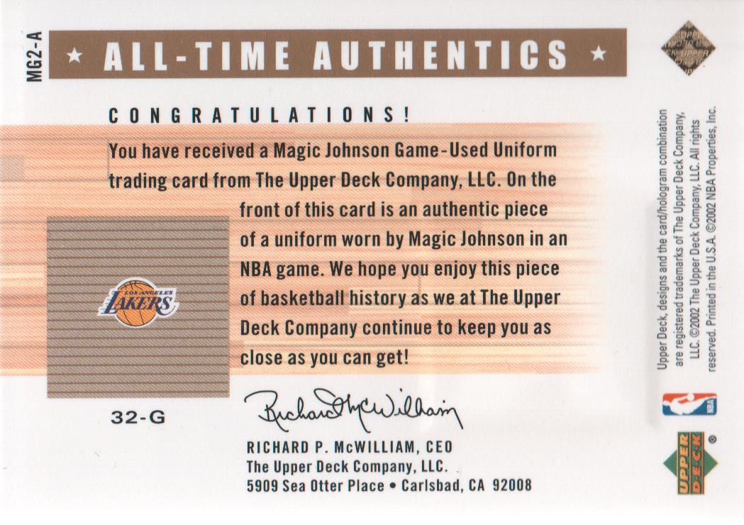 2002-03 Upper Deck Generations All-Time Authentics #MG2A Magic Johnson White back image
