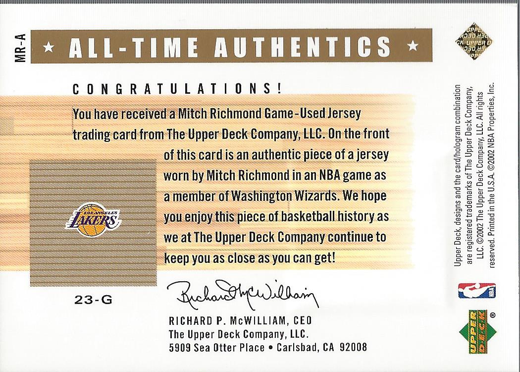 2002-03 Upper Deck Generations All-Time Authentics #MRA Mitch Richmond back image