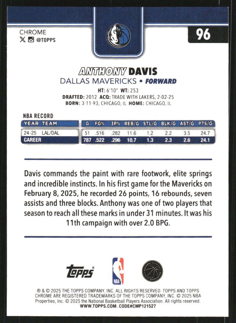 2025-26 Topps Chrome #96 Anthony Davis