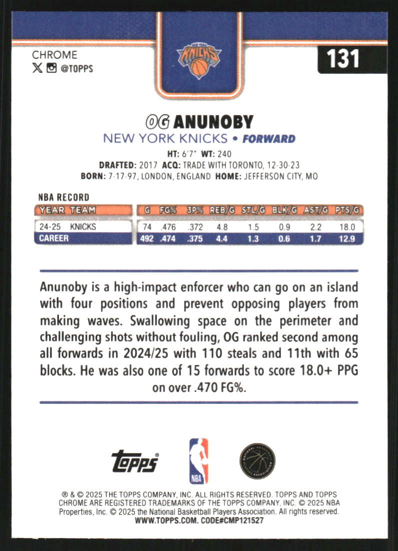 2025-26 Topps Chrome #131 OG Anunoby