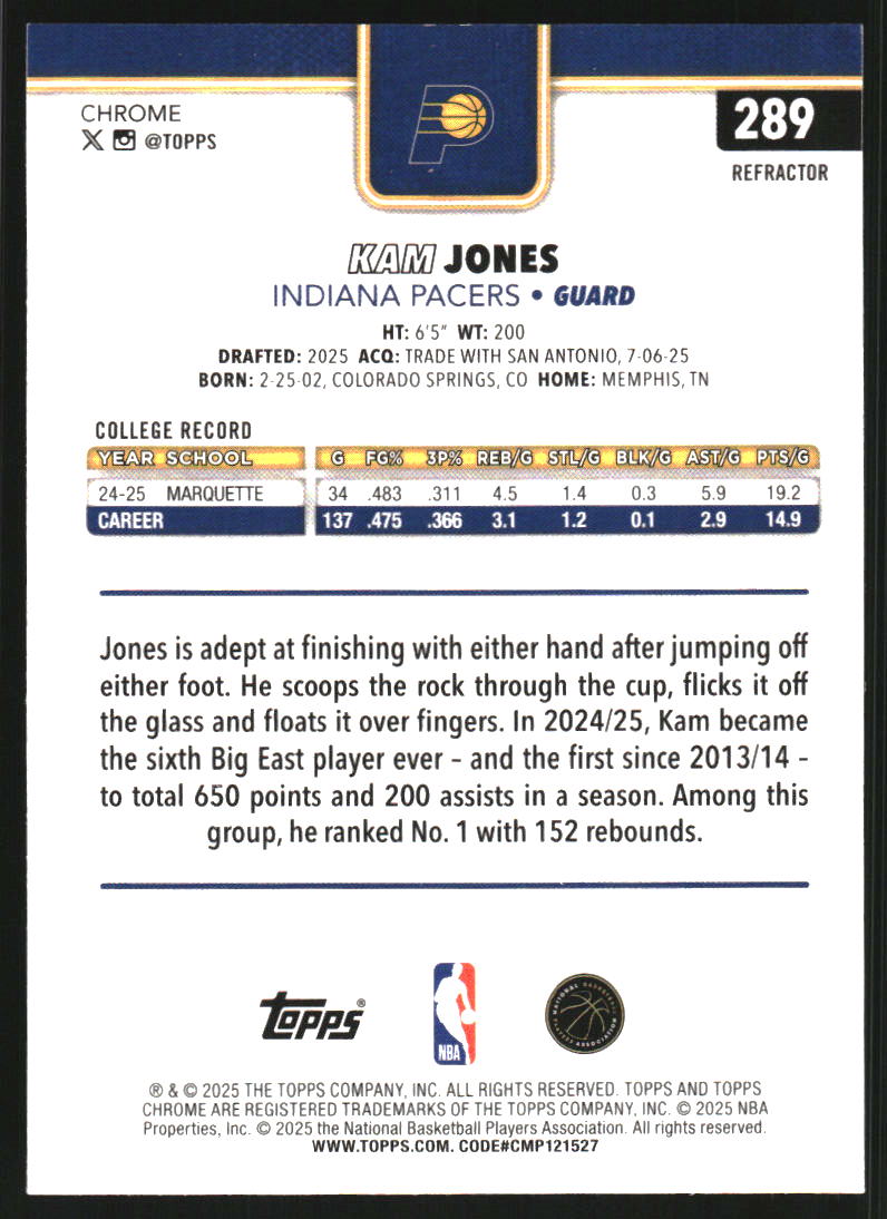 2025-26 Topps Chrome Refractors #289 Kam Jones