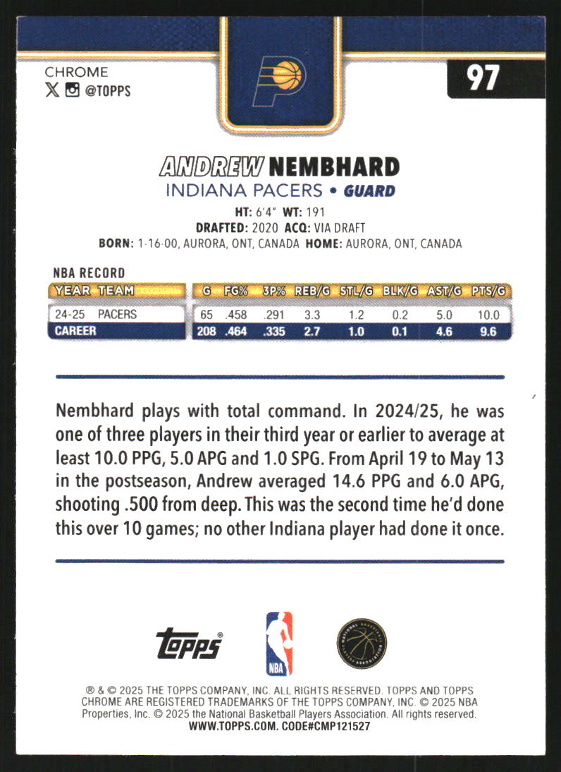 2025-26 Topps Chrome Basketball Refractors #97 Andrew Nembhard