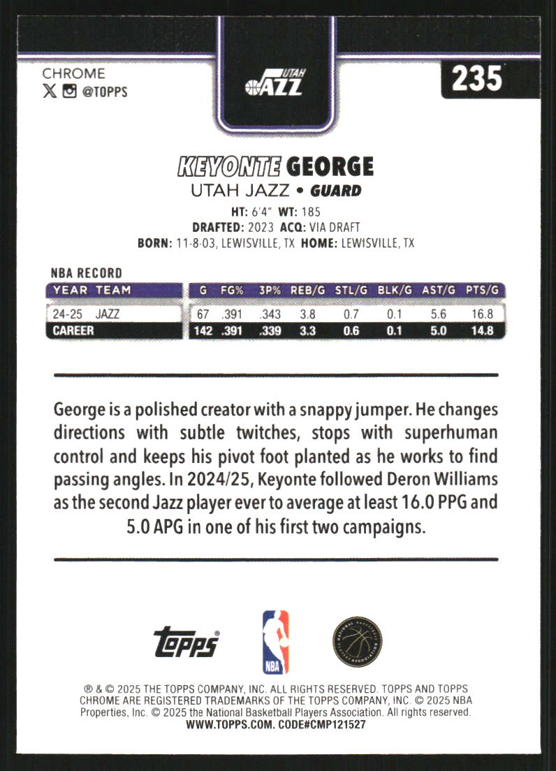 2025-26 Topps Chrome Basketball Refractors #235 Keyonte George