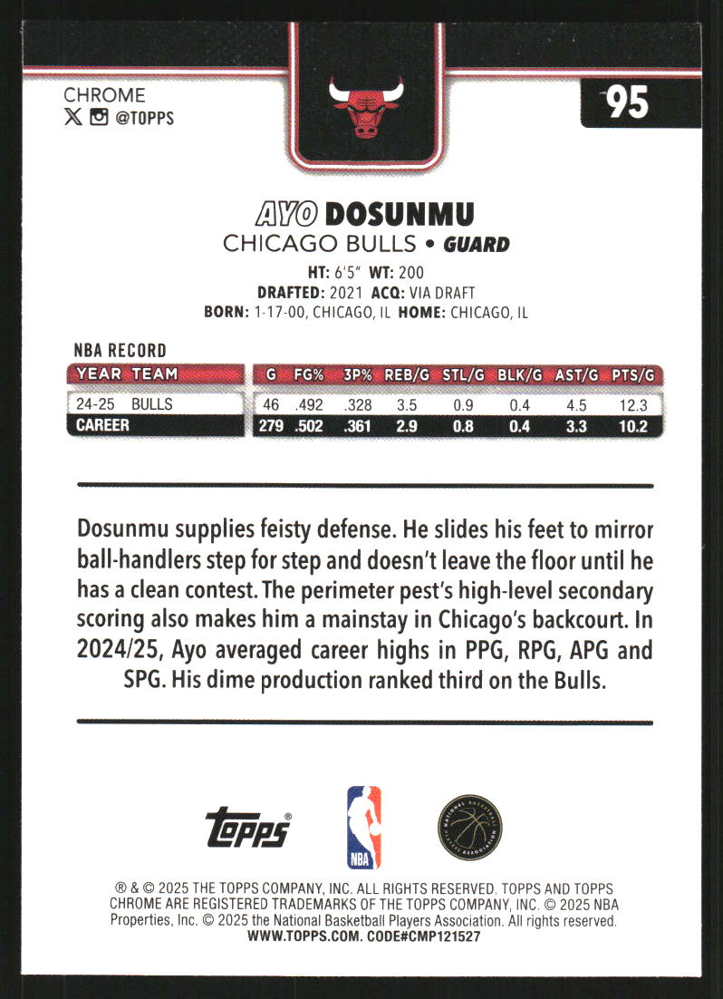 2025-26 Topps Chrome Negative Refractors #95 Ayo Dosunmu