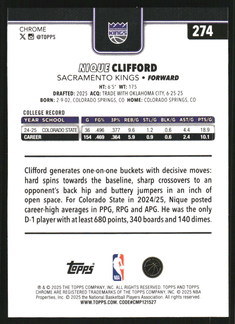 2025-26 Topps Chrome RayWave Refractors #274 Nique Clifford