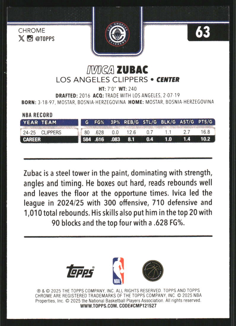 2025-26 Topps Chrome X-Fractors #63 Ivica Zubac